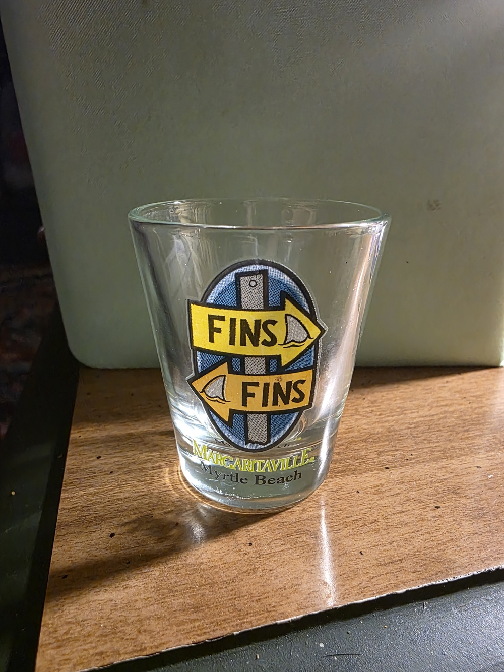 NEW Vintage Margaritaville Clear Shot Glass "Fins Fins" Logo